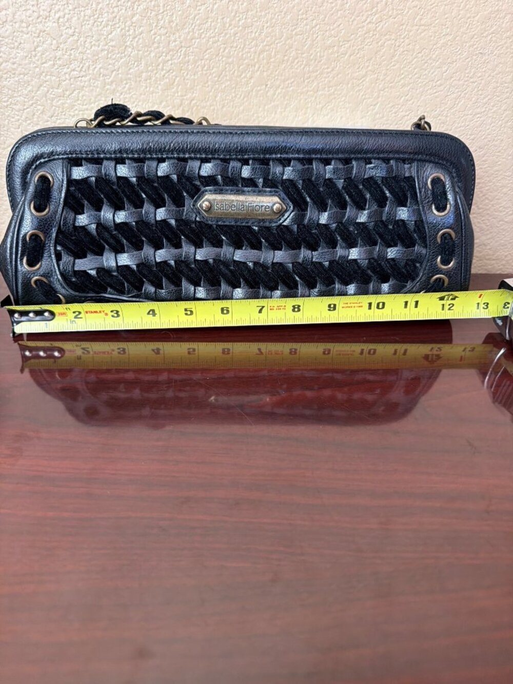 Isabella Fiore Black Leather Woven Shoulder Bag Chain Strap Y2K Designer Purse - Picture 11 of 13